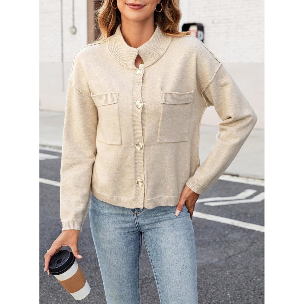 Women's Cotton Blend Cropped Cardigan Long Sleeve Button Front Knit Outwear - Picture 4 of 6